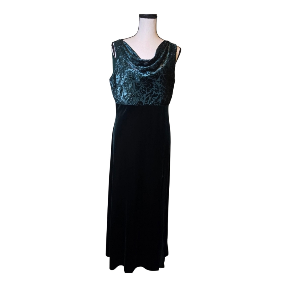 Vintage 90s Green Velvet Floral Maxi Dress 10 Goth Vamp Whimsigoth Formal Prom